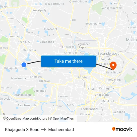 Khajaguda X Road to Musheerabad map