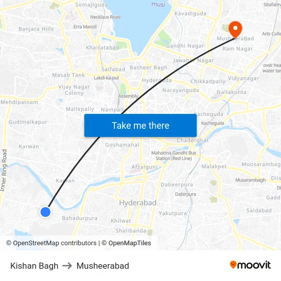 Kishan Bagh to Musheerabad map