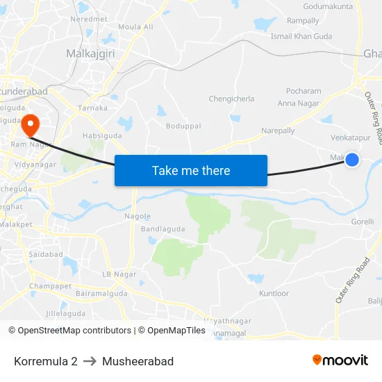 Korremula 2 to Musheerabad map