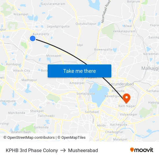 KPHB 3rd Phase Colony to Musheerabad map