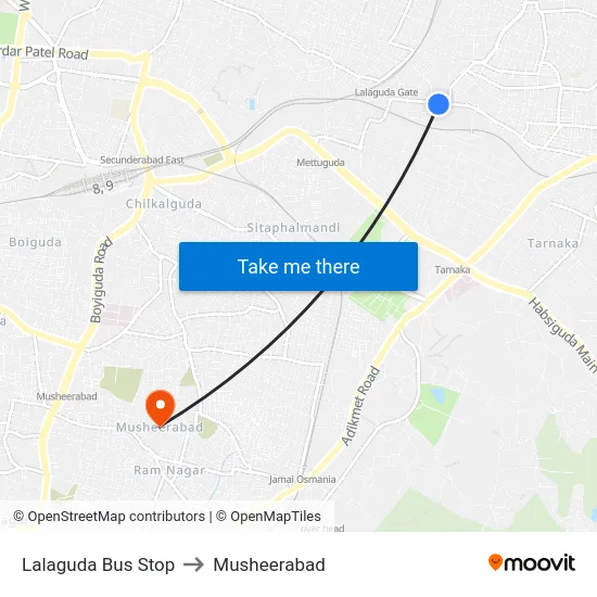 Lalaguda Bus Stop to Musheerabad map