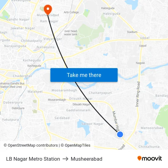 LB Nagar Metro Station to Musheerabad map