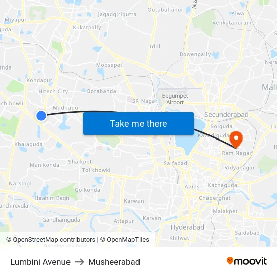 Lumbini Avenue to Musheerabad map