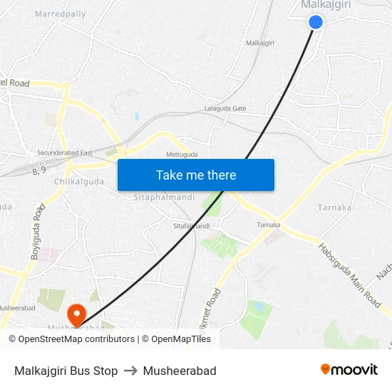Malkajgiri Bus Stop to Musheerabad map