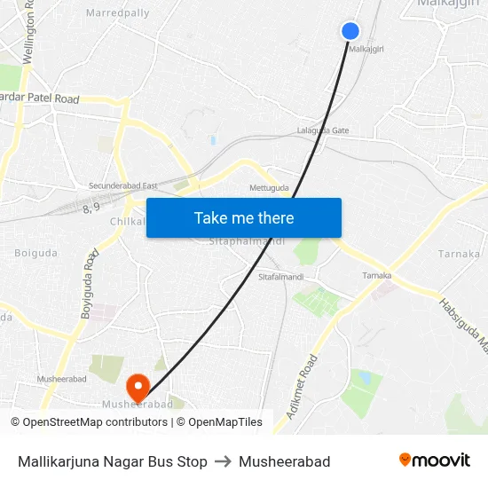 Mallikarjuna Nagar Bus Stop to Musheerabad map