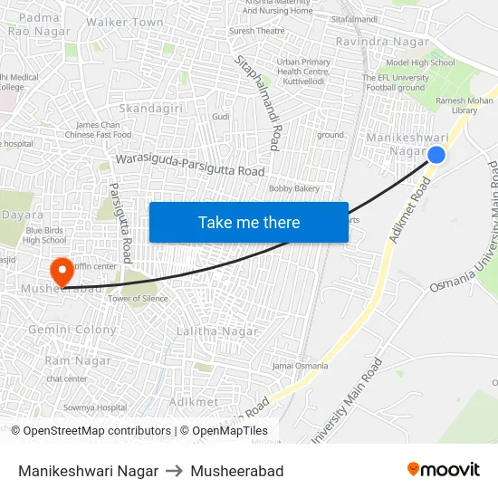 Manikeshwari Nagar to Musheerabad map