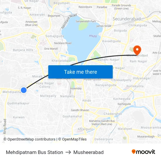 Mehdipatnam Bus Station to Musheerabad map