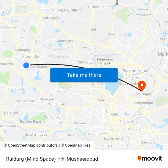 Raidurg (Mind Space) to Musheerabad map