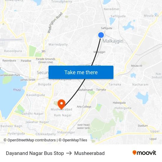 Dayanand Nagar Bus Stop to Musheerabad map