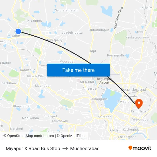 Miyapur X Road Bus Stop to Musheerabad map