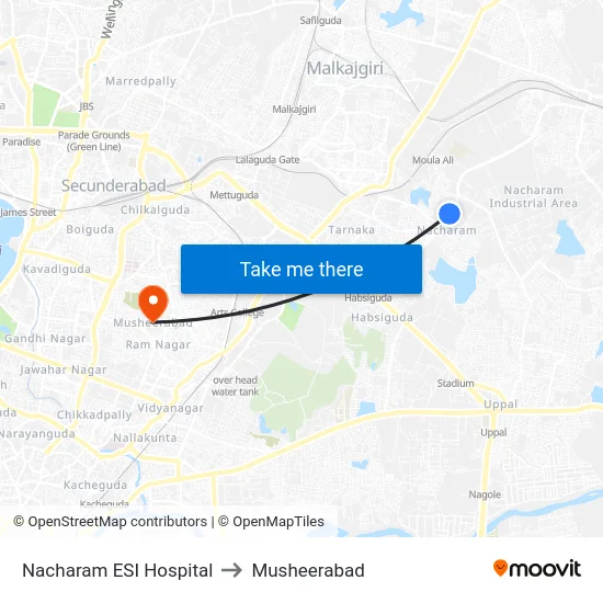 Nacharam ESI Hospital to Musheerabad map