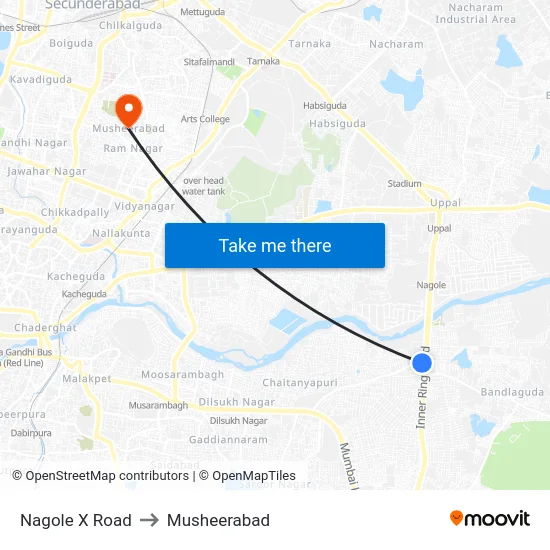 Nagole X Road to Musheerabad map