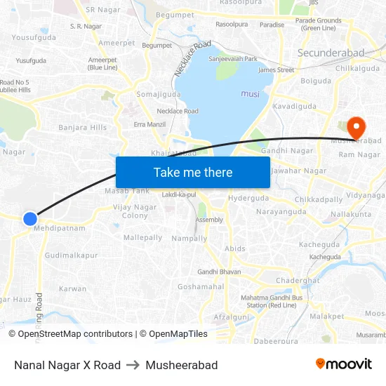 Nanal Nagar X Road to Musheerabad map