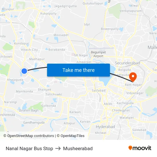 Nanal Nagar Bus Stop to Musheerabad map