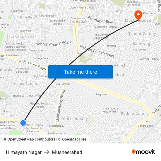 Himayath Nagar to Musheerabad map