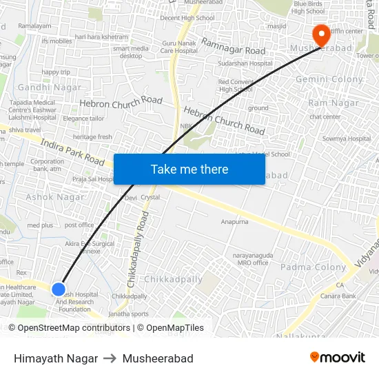 Himayath Nagar to Musheerabad map