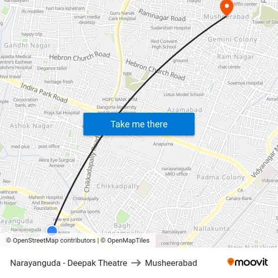 Narayanguda - Deepak Theatre to Musheerabad map