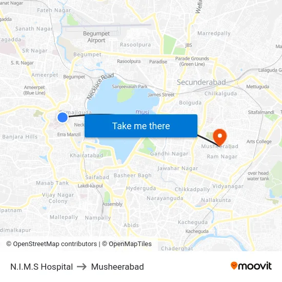N.I.M.S Hospital to Musheerabad map
