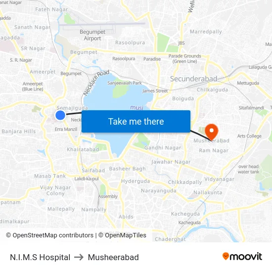 N.I.M.S Hospital to Musheerabad map