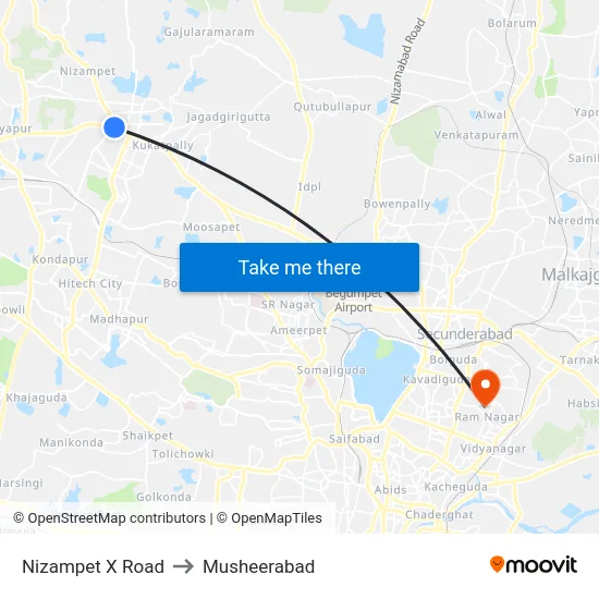 Nizampet X Road to Musheerabad map