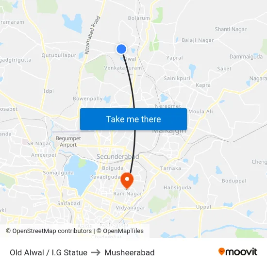 Old Alwal / I.G Statue to Musheerabad map