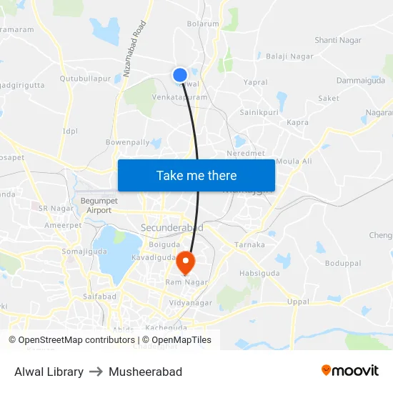 Alwal Library to Musheerabad map