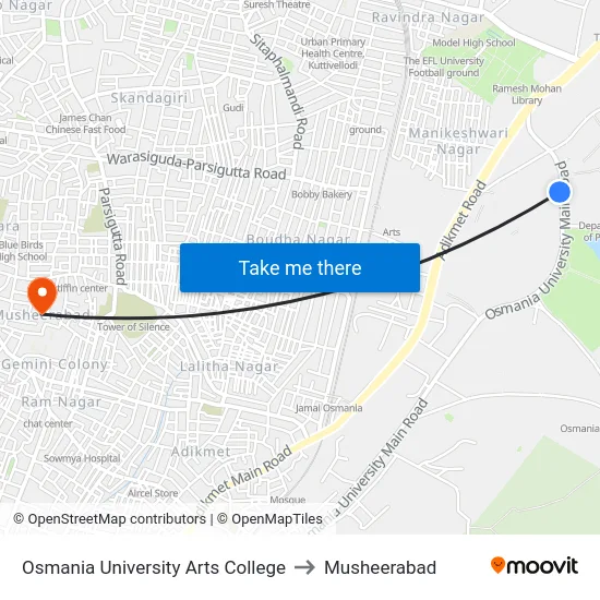 Osmania University Arts College to Musheerabad map