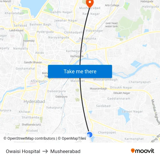 Owaisi Hospital to Musheerabad map