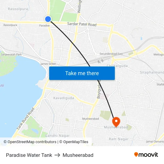 Paradise Water Tank to Musheerabad map