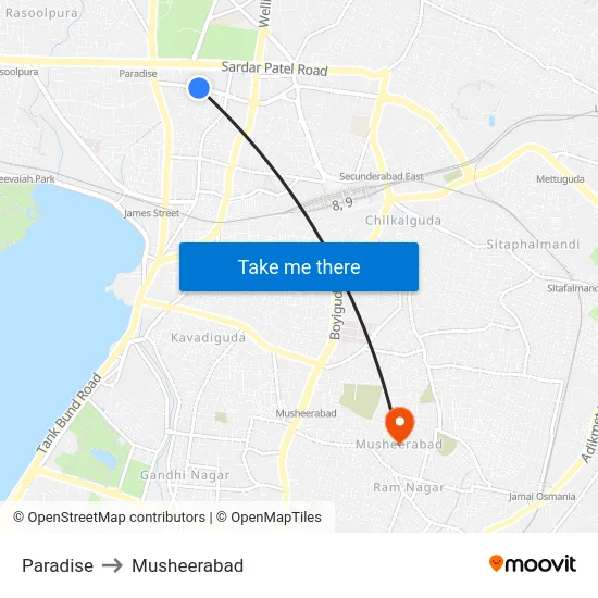 Paradise to Musheerabad map