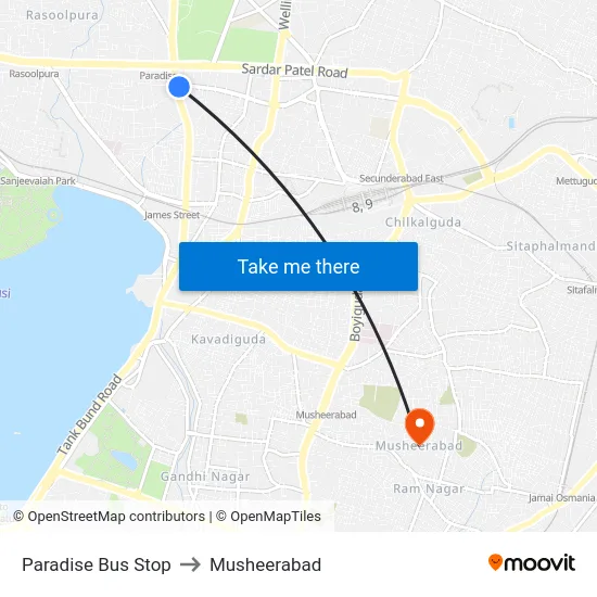 Paradise Bus Stop to Musheerabad map