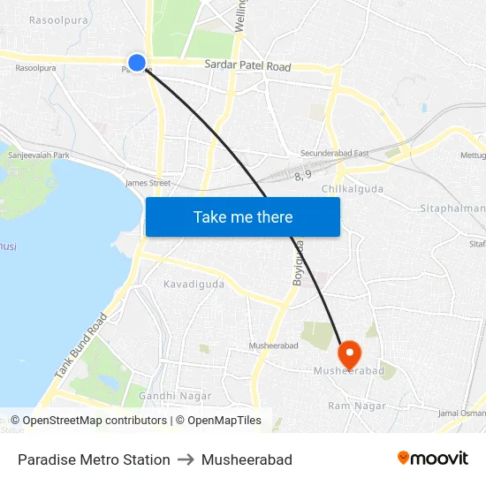 Paradise Metro Station to Musheerabad map