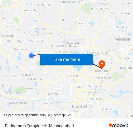 Peddamma Temple to Musheerabad map