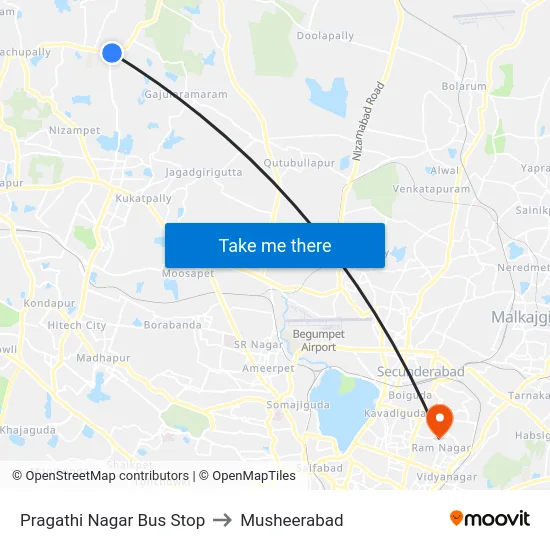 Pragathi Nagar Bus Stop to Musheerabad map