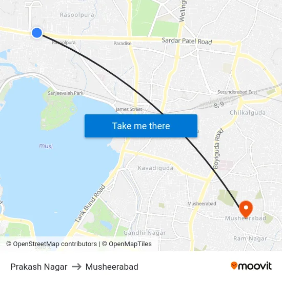 Prakash Nagar to Musheerabad map