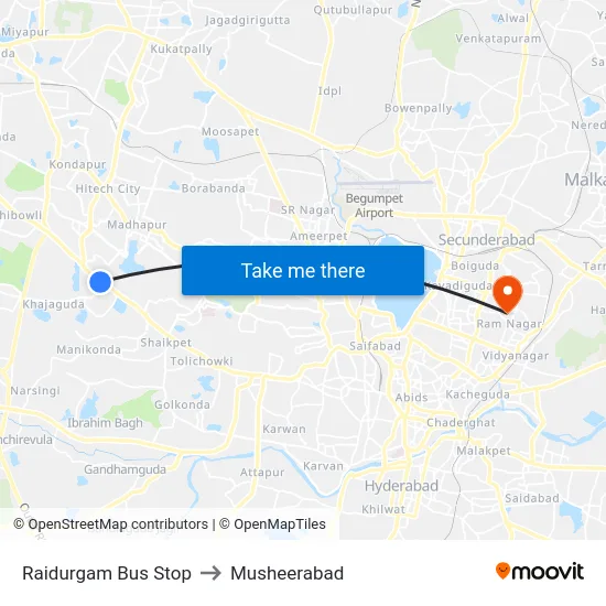 Raidurgam Bus Stop to Musheerabad map