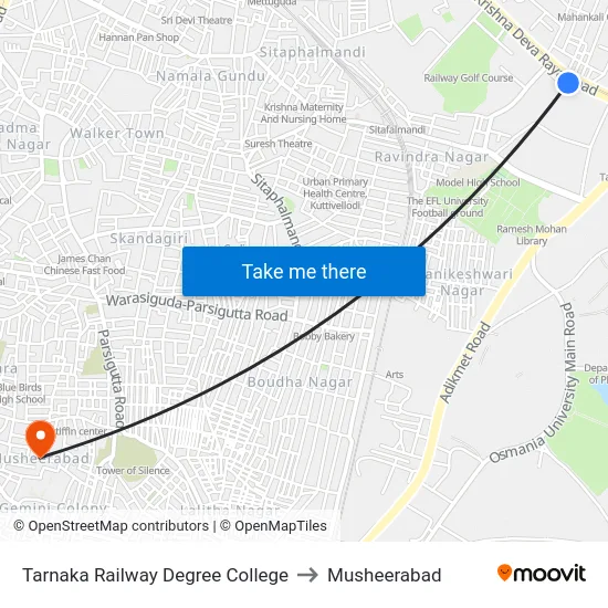 Tarnaka Railway Degree College to Musheerabad map