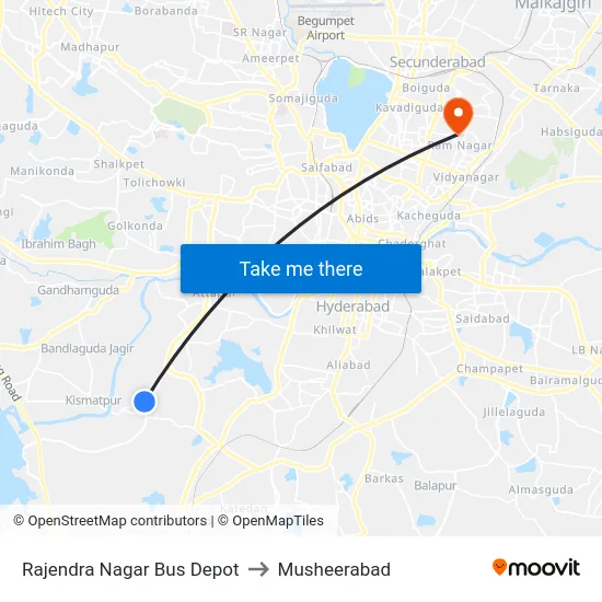 Rajendra Nagar Bus Depot to Musheerabad map