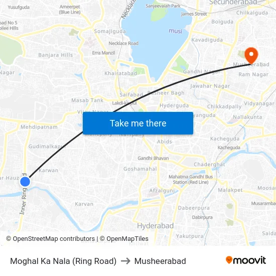 Moghal Ka Nala (Ring Road) to Musheerabad map