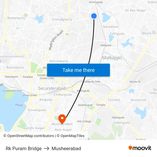 Rk Puram Bridge to Musheerabad map
