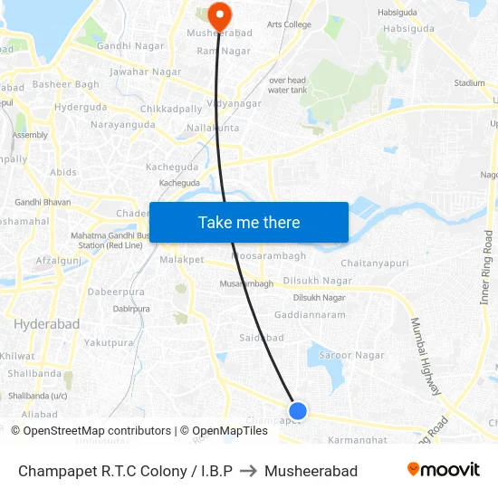 Champapet R.T.C Colony / I.B.P to Musheerabad map