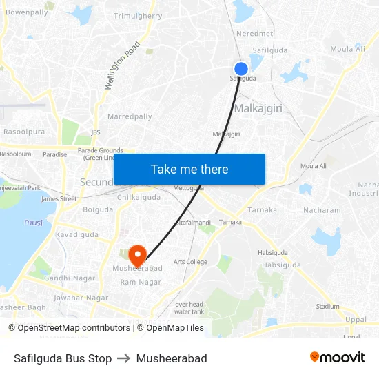 Safilguda Bus Stop to Musheerabad map