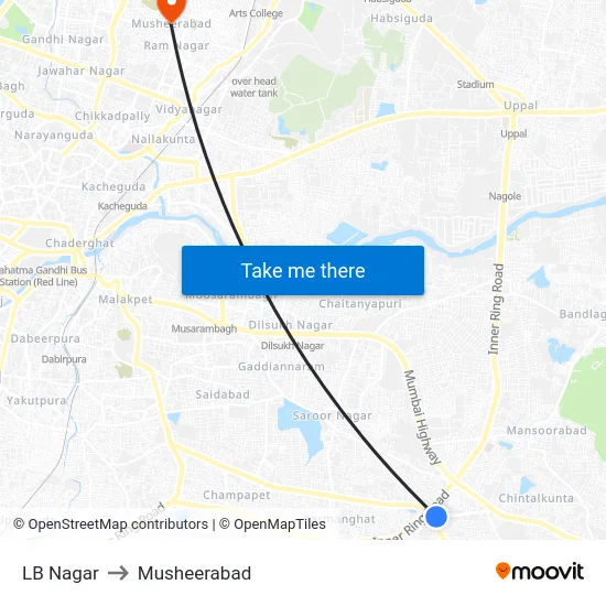LB Nagar to Musheerabad map