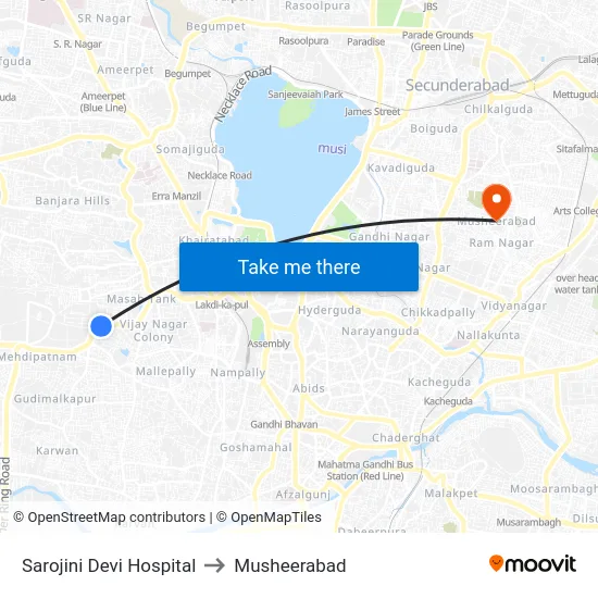 Sarojini Devi Hospital to Musheerabad map