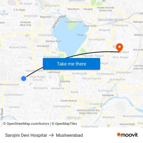 Sarojini Devi Hospital to Musheerabad map