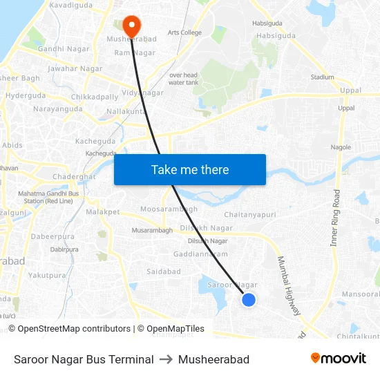 Saroor Nagar Bus Terminal to Musheerabad map
