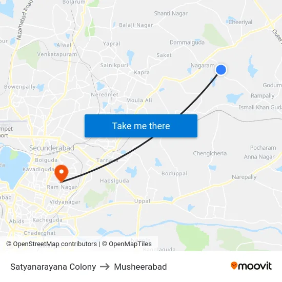 Satyanarayana Colony to Musheerabad map