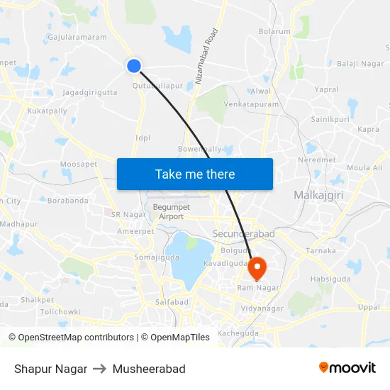 Shapur Nagar to Musheerabad map