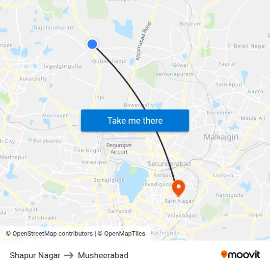 Shapur Nagar to Musheerabad map