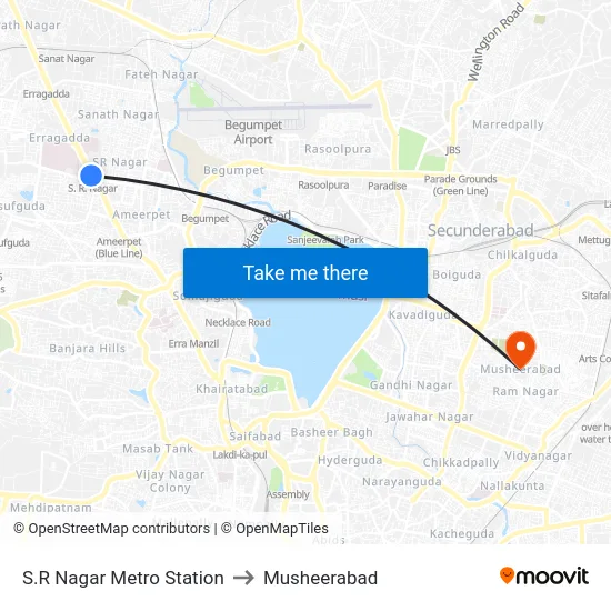 S.R Nagar Metro Station to Musheerabad map